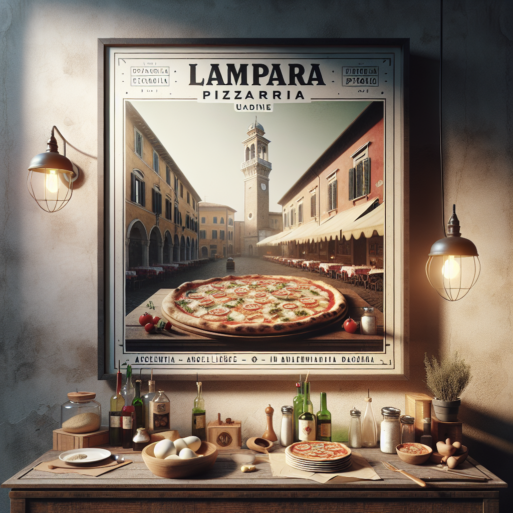 Vintage-style sign for Lampara Pizzarria featuring a large pizza in front of a building.