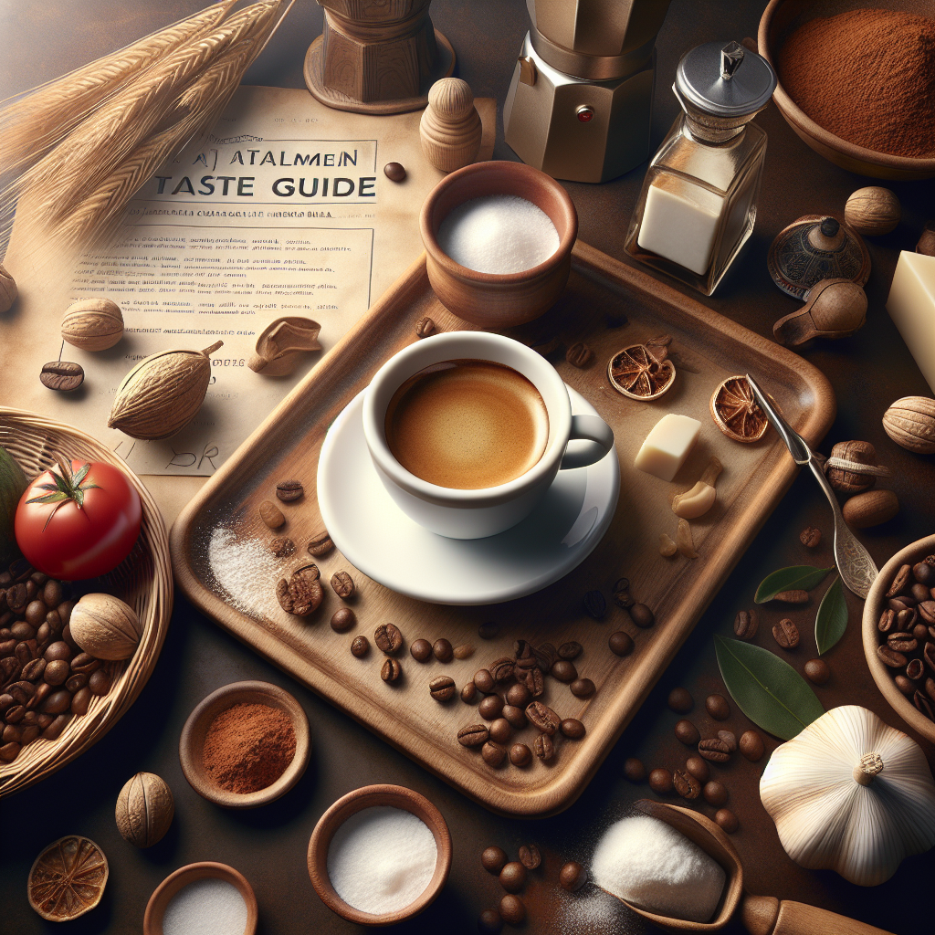 A cup of coffee surrounded by various culinary ingredients including spices, nuts, and a tomato.