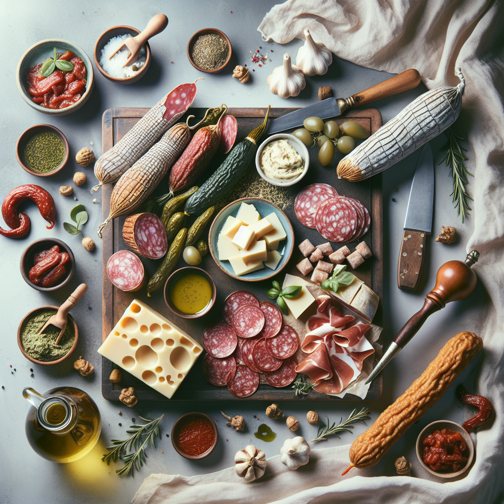 An assortment of Italian salami, cheese, olives, and condiments arranged on a wooden board.
