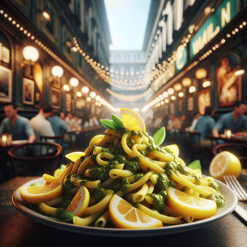 A plate of pasta topped with lemon slices and pesto sauce, served in a restaurant setting.