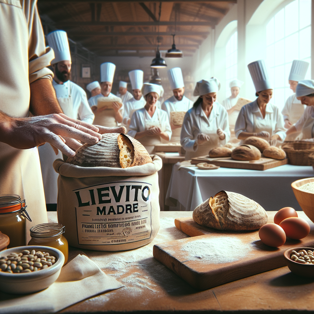 Baker opening a container of Lievito Madre with bread and ingredients on a wooden table.