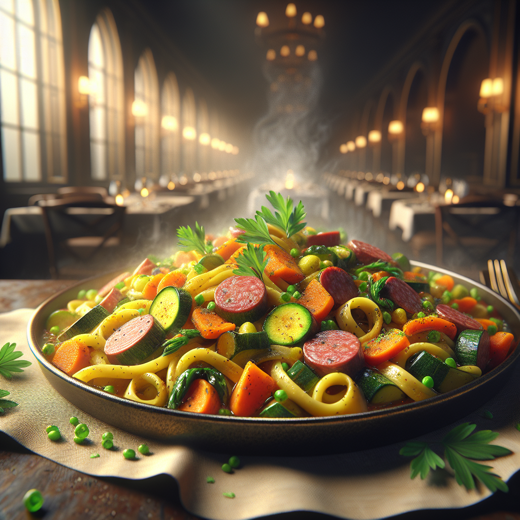 A plate of malloreddus pasta with vegetables and sausage, garnished with parsley.