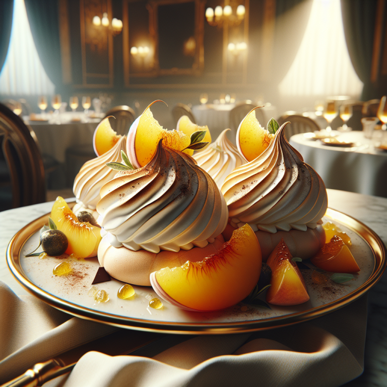 Three meringue desserts topped with pastry cream and peach slices on a decorative plate.