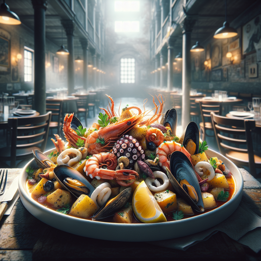 A plate of seafood including shrimp, octopus, and mussels served with potatoes and garnished with lemon.