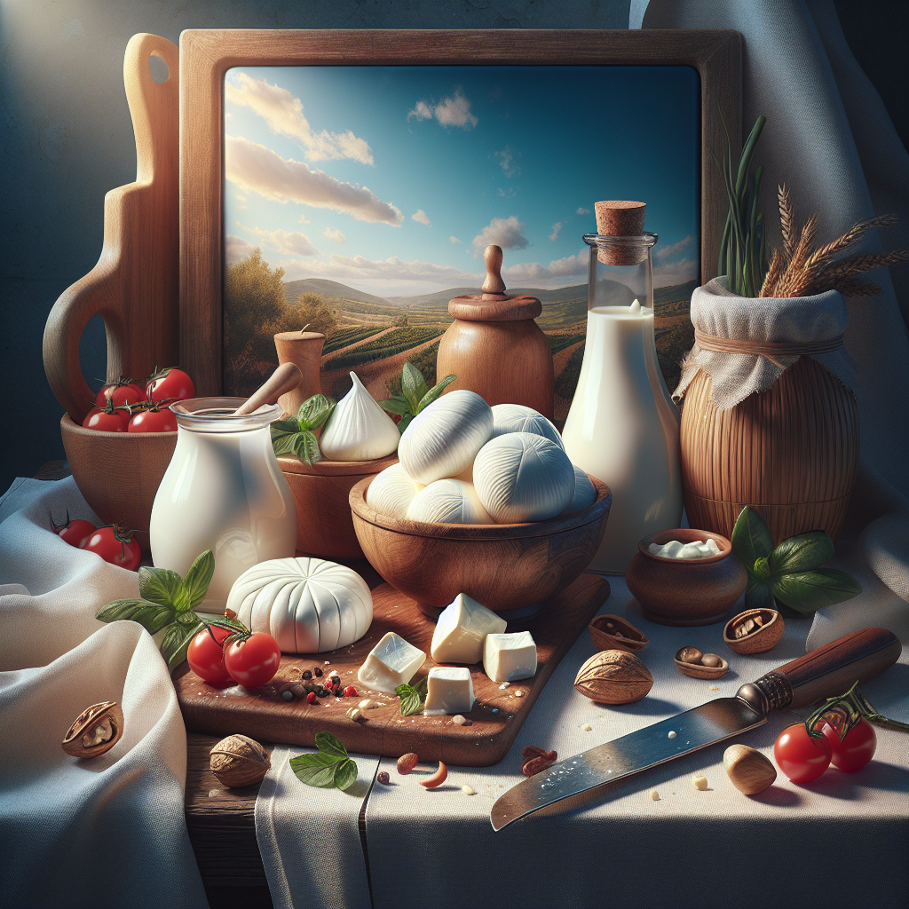 A wooden bowl filled with Mozzarella Fior di Latte surrounded by dairy products and fresh ingredients.