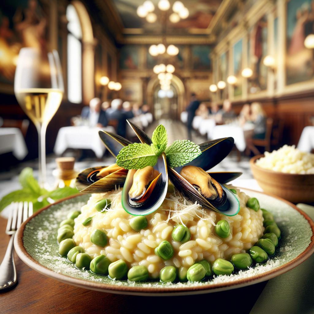 Plate of risotto topped with mussels and fava beans in a dining setting.