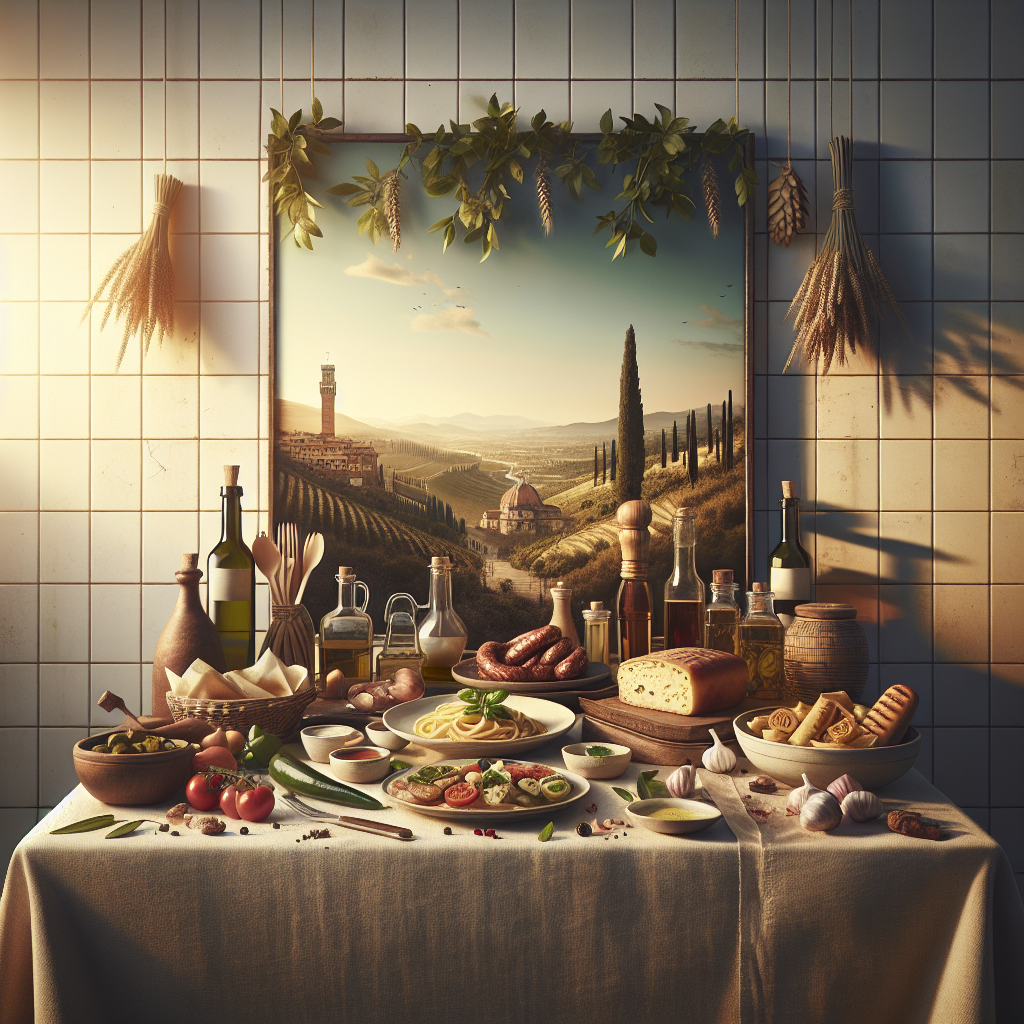 A table set with various Italian dishes, ingredients, and bottles in front of a scenic backdrop.