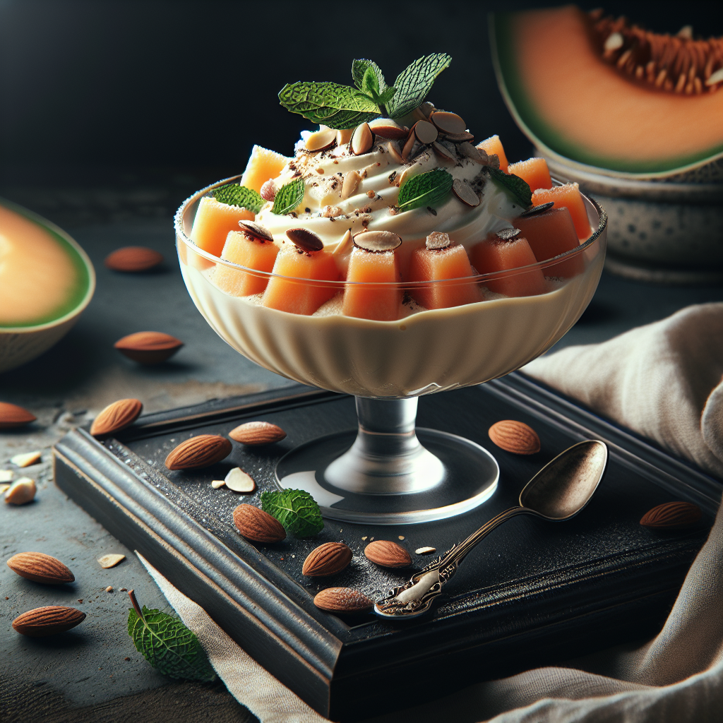 A dessert bowl filled with Namelaka al Melone, topped with melon cubes, almonds, and mint leaves.