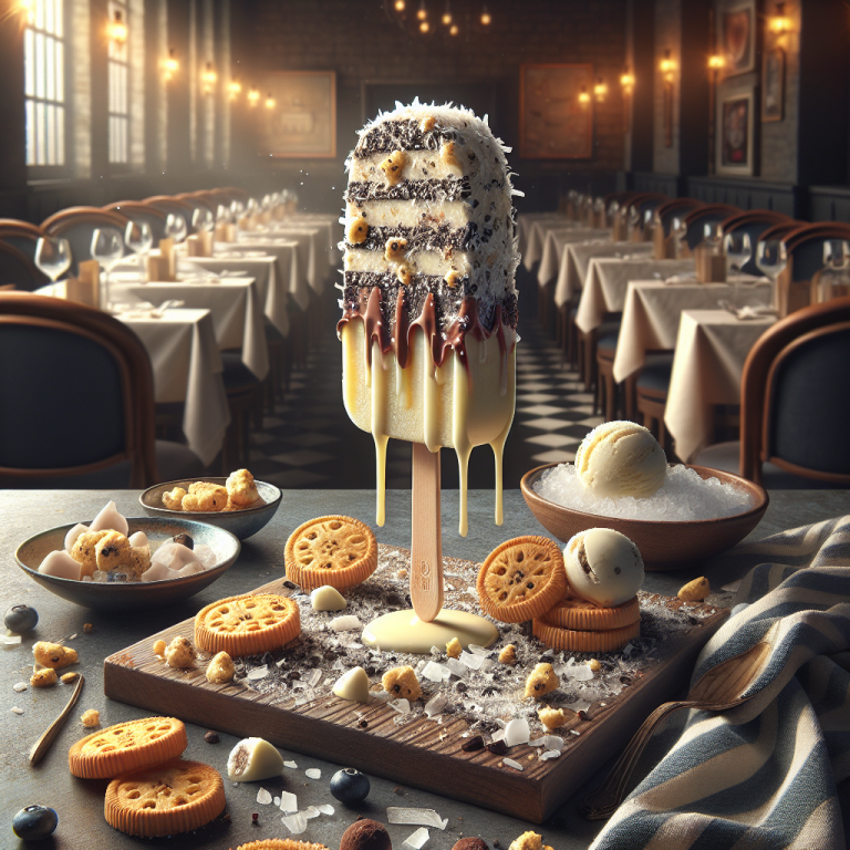 Ice cream on a stick with layers and toppings, surrounded by cookies and dessert ingredients.