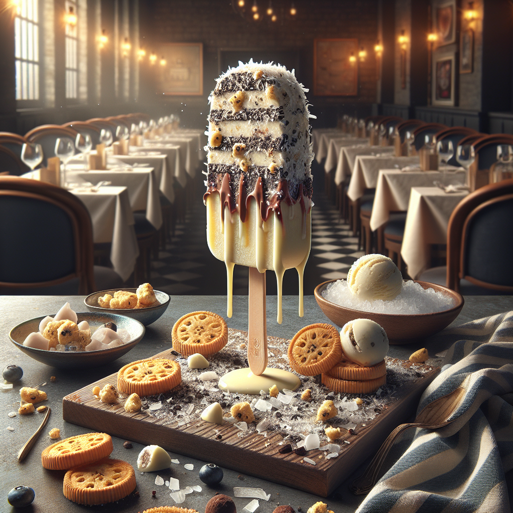Ice cream on a stick with layers and toppings, surrounded by cookies and dessert ingredients.
