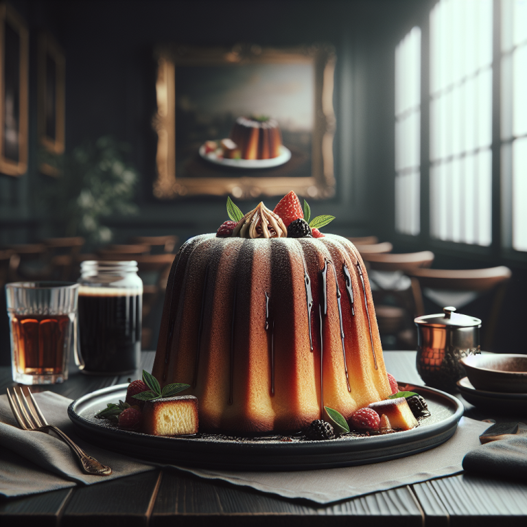 Neapolitan Baba dessert topped with fruits and syrup on a serving plate.