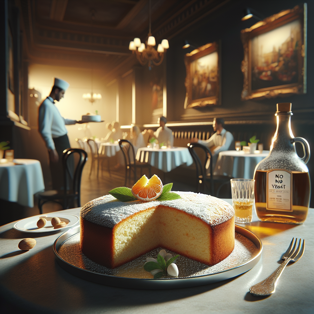 A no yeast cake displayed on a silver platter with a slice cut out, garnished with mint and orange segments.