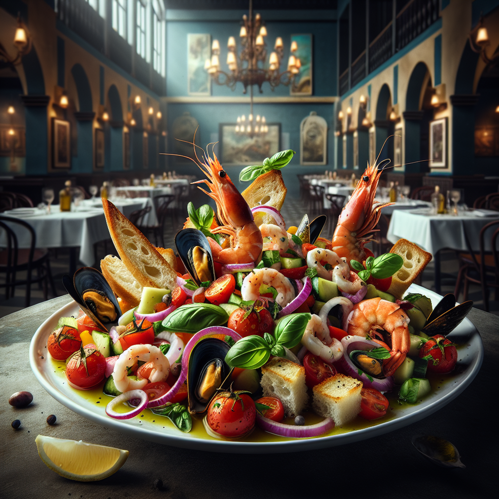 A seafood salad featuring shrimp, mussels, vegetables, and bread on a large plate.