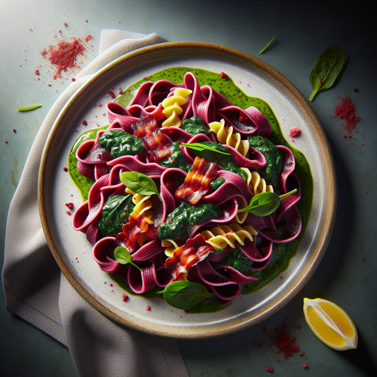 Plate of pasta featuring beetroot noodles, spinach cream, and speck garnished with lemon and spinach leaves.