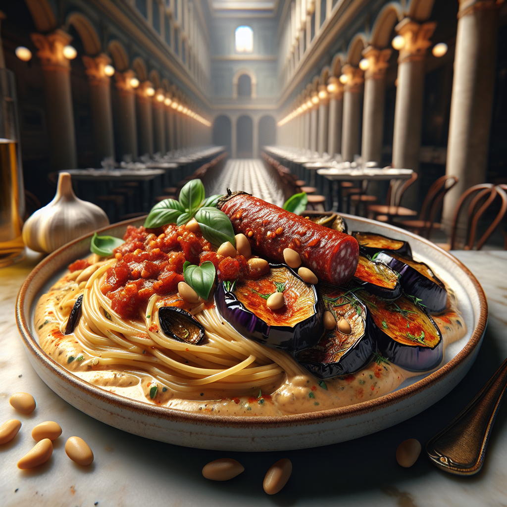 Plate of pasta topped with roasted eggplant, nduja sausage, and pine nuts on a marble table.