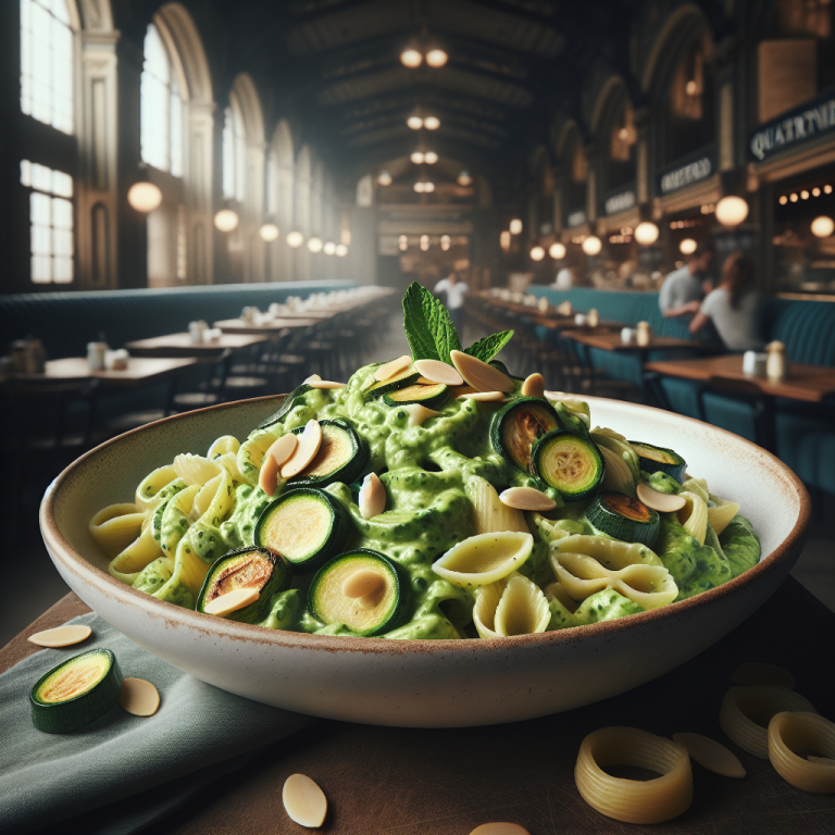 Bowl of pasta with zucchini cream, topped with sliced zucchini and almonds on a table.