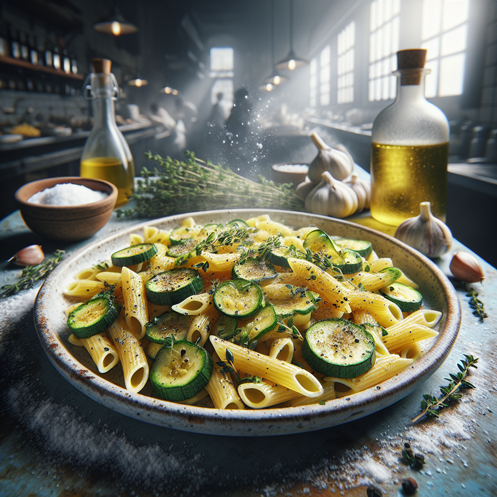 Plate of pasta with zucchini slices and stracchino cheese, garnished with herbs and spices.