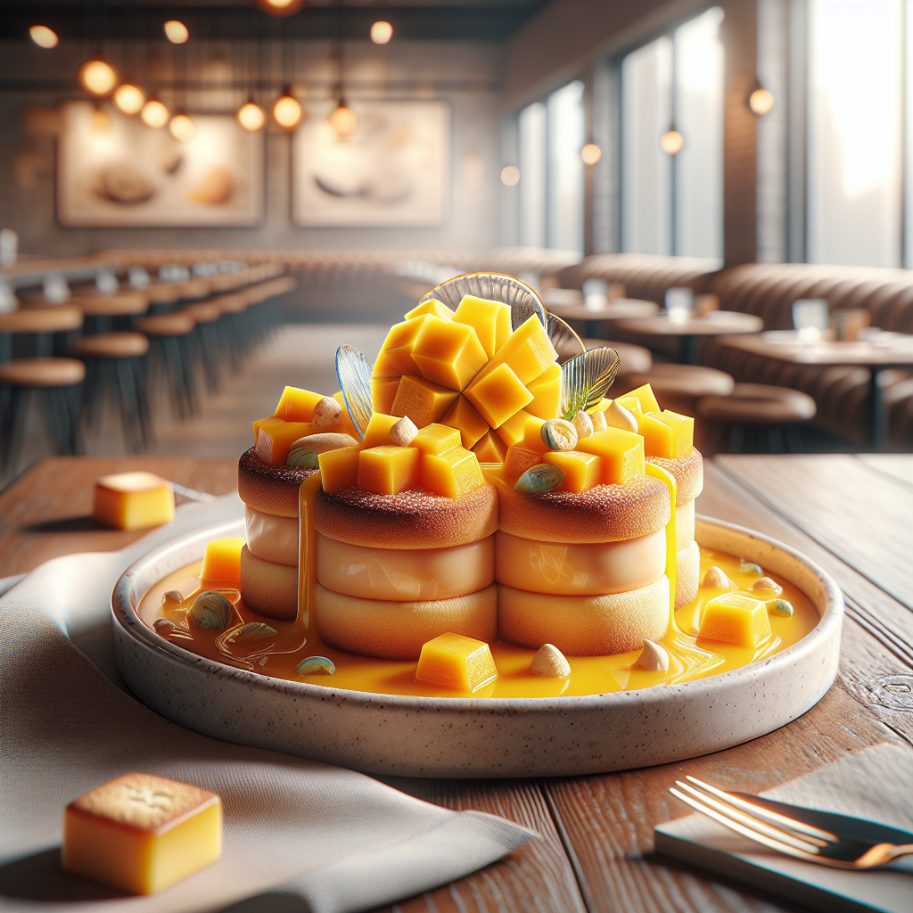 A dessert featuring layers of Pavesini cookies topped with mango pieces and a mango sauce.
