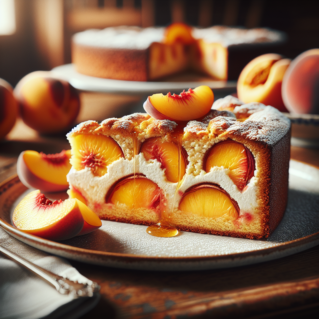 Slice of peach cake topped with fresh peach slices and drizzled with honey on a plate.