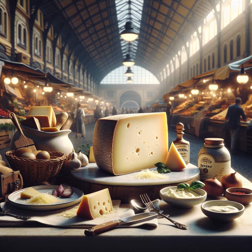 A large wheel of Pecorino Romano cheese on a marble surface with smaller cheese pieces and ingredients.