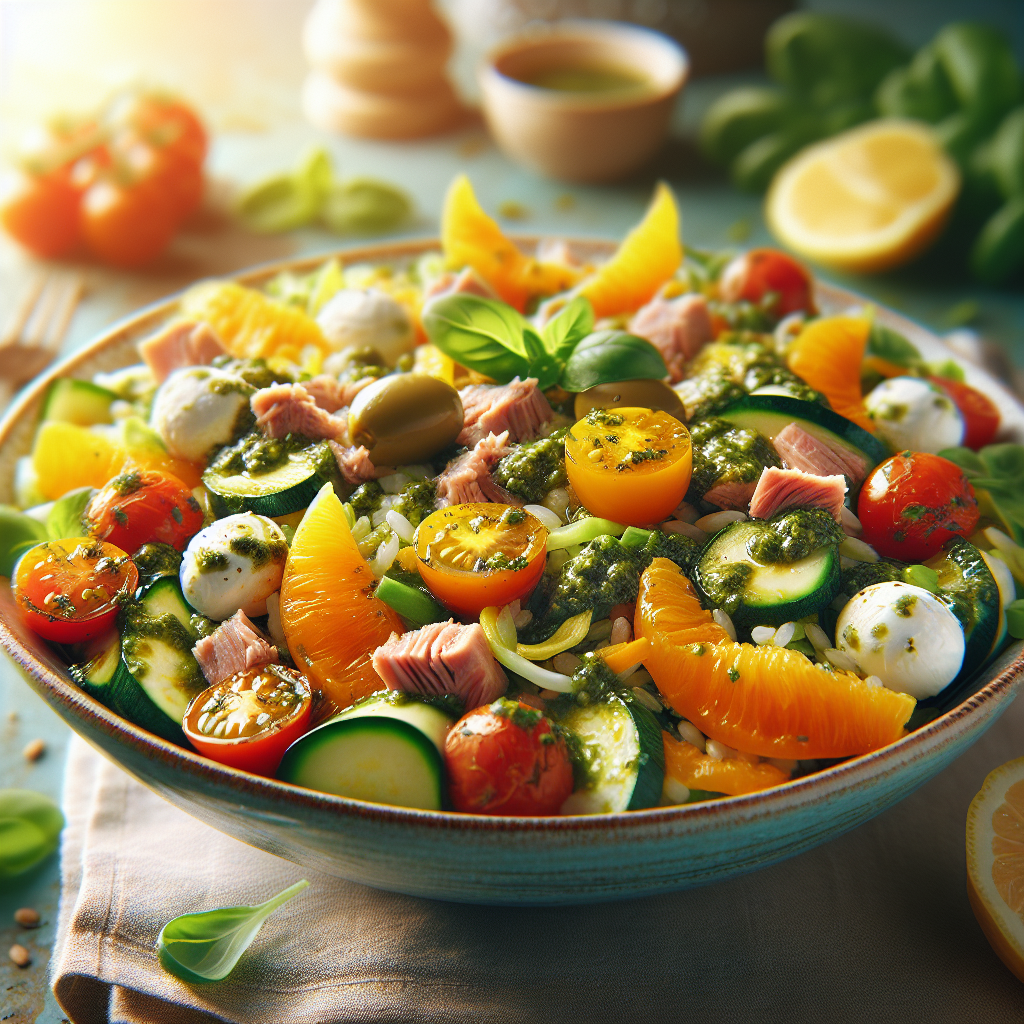 A colorful salad featuring rice, pesto, citrus fruits, cherry tomatoes, and mozzarella balls in a large bowl.