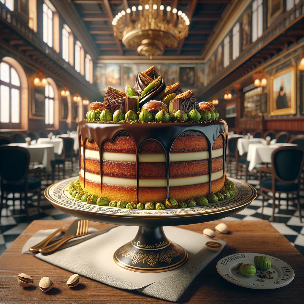 Layered pistachio caprese cake topped with chocolate and decorative pieces in a dining setting.