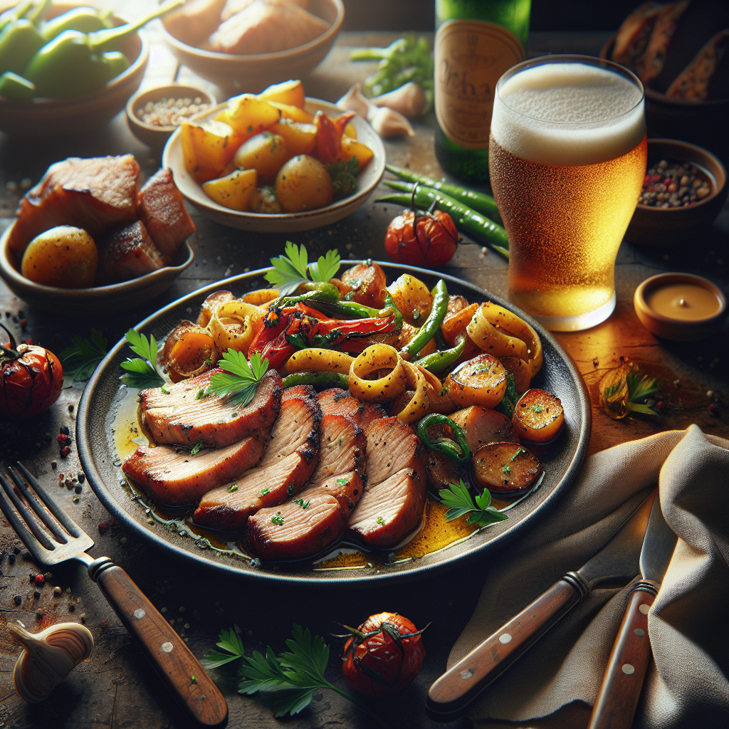Plate of pork straccetti served with vegetables and a glass of beer on a wooden table.