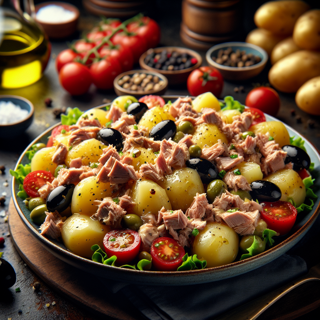 A bowl of potato and tuna salad with cherry tomatoes, olives, and lettuce.