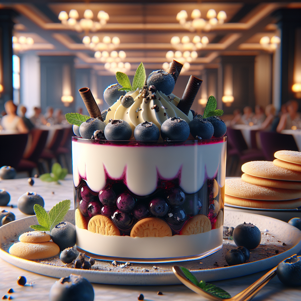 Dessert featuring layers of ricotta, blueberries, and Pavesini cookies in a glass cup.