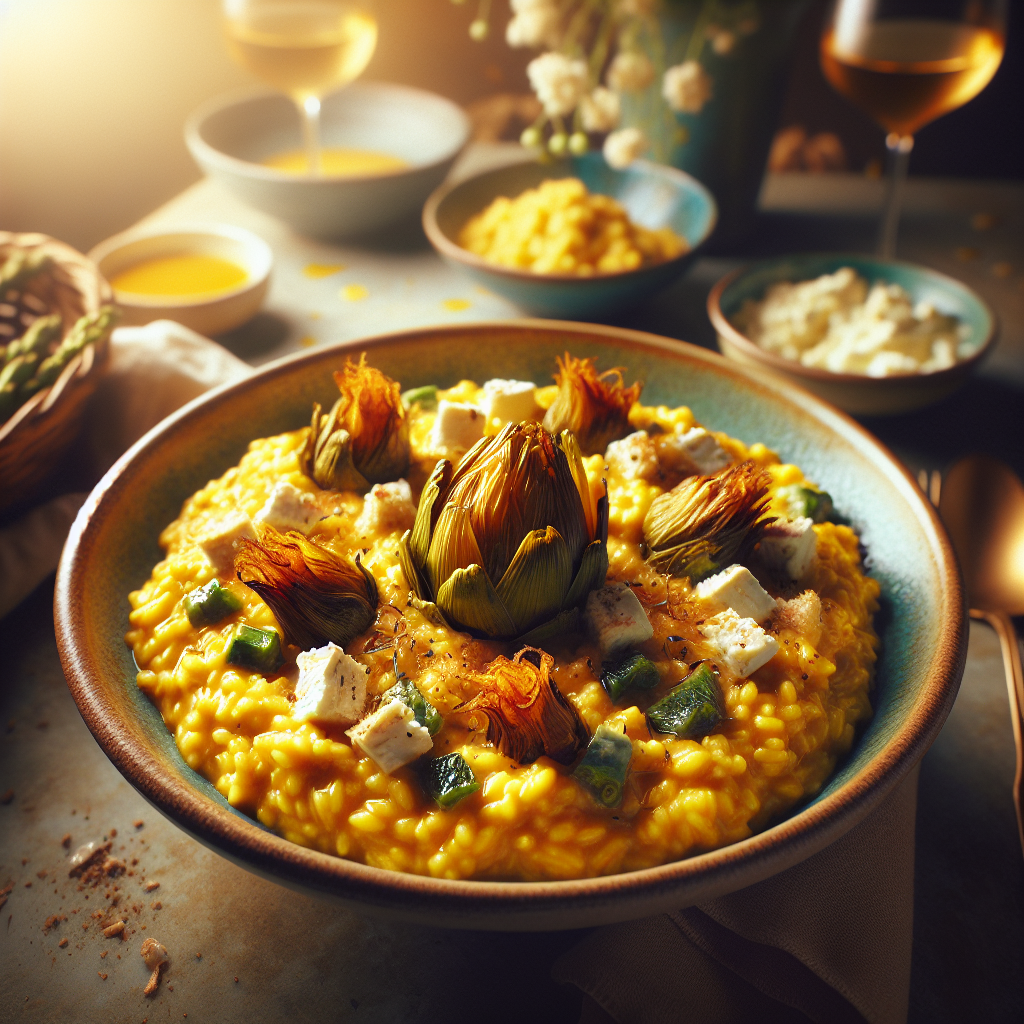 Bowl of saffron risotto topped with artichokes and goat cheese on a table.