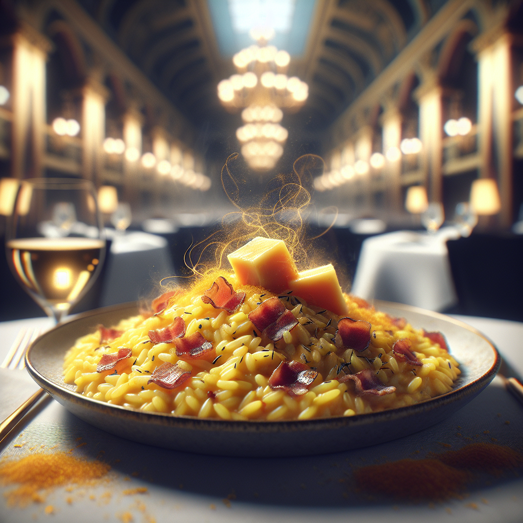 Plate of saffron risotto topped with Taleggio cheese and pancetta in a dining setting.