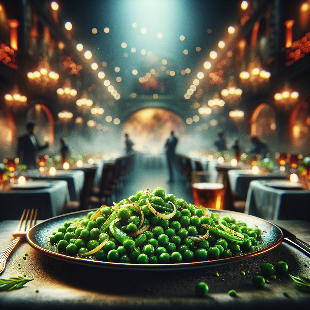 Plate of sautéed peas garnished with onions served in a restaurant setting.