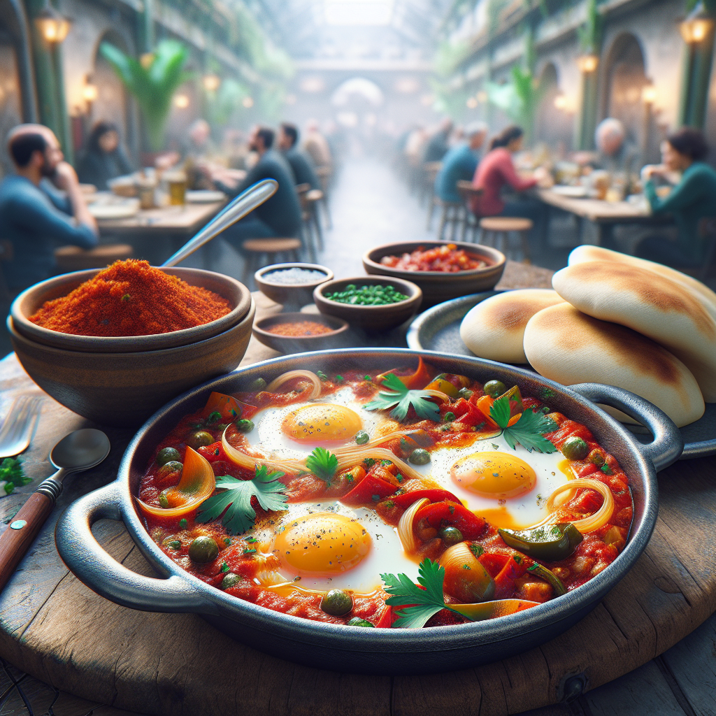 A serving of shakshuka featuring eggs, vegetables, and spices in a skillet with bread on the side.