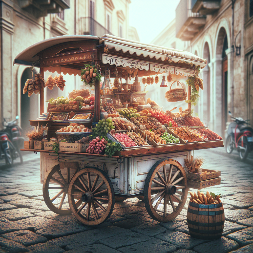 A street food cart filled with various fruits, vegetables, and baked goods in a Sicilian setting.