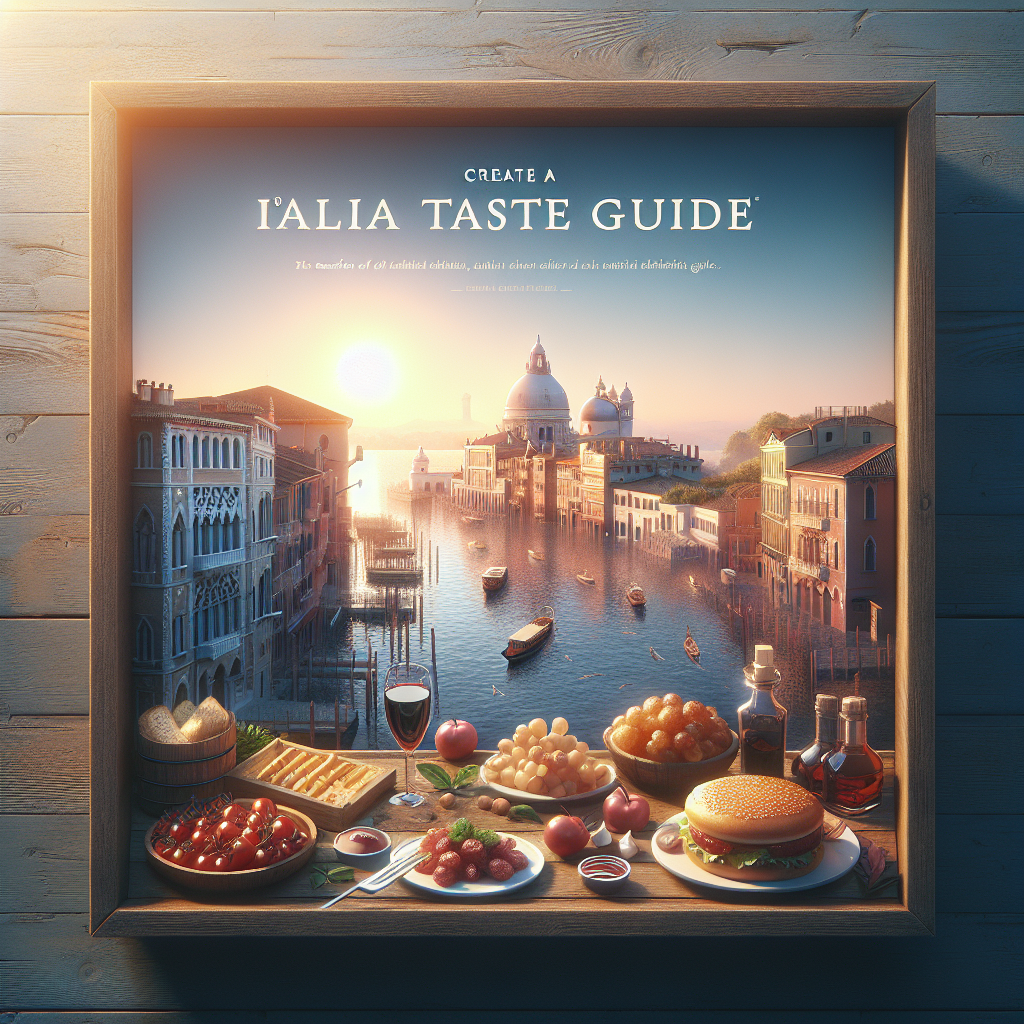 A wooden frame containing a display of Sicilian street food items including various dishes and drinks.