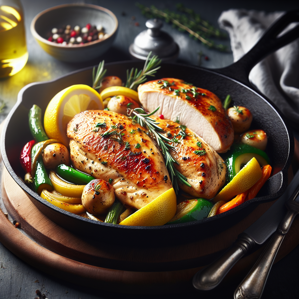 Cooked chicken breast with vegetables in a cast iron skillet, garnished with herbs.