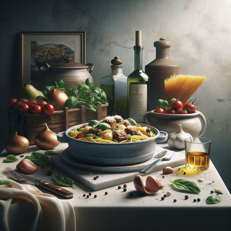 A bowl of Sogliola pasta surrounded by various ingredients including tomatoes, garlic, and olive oil.