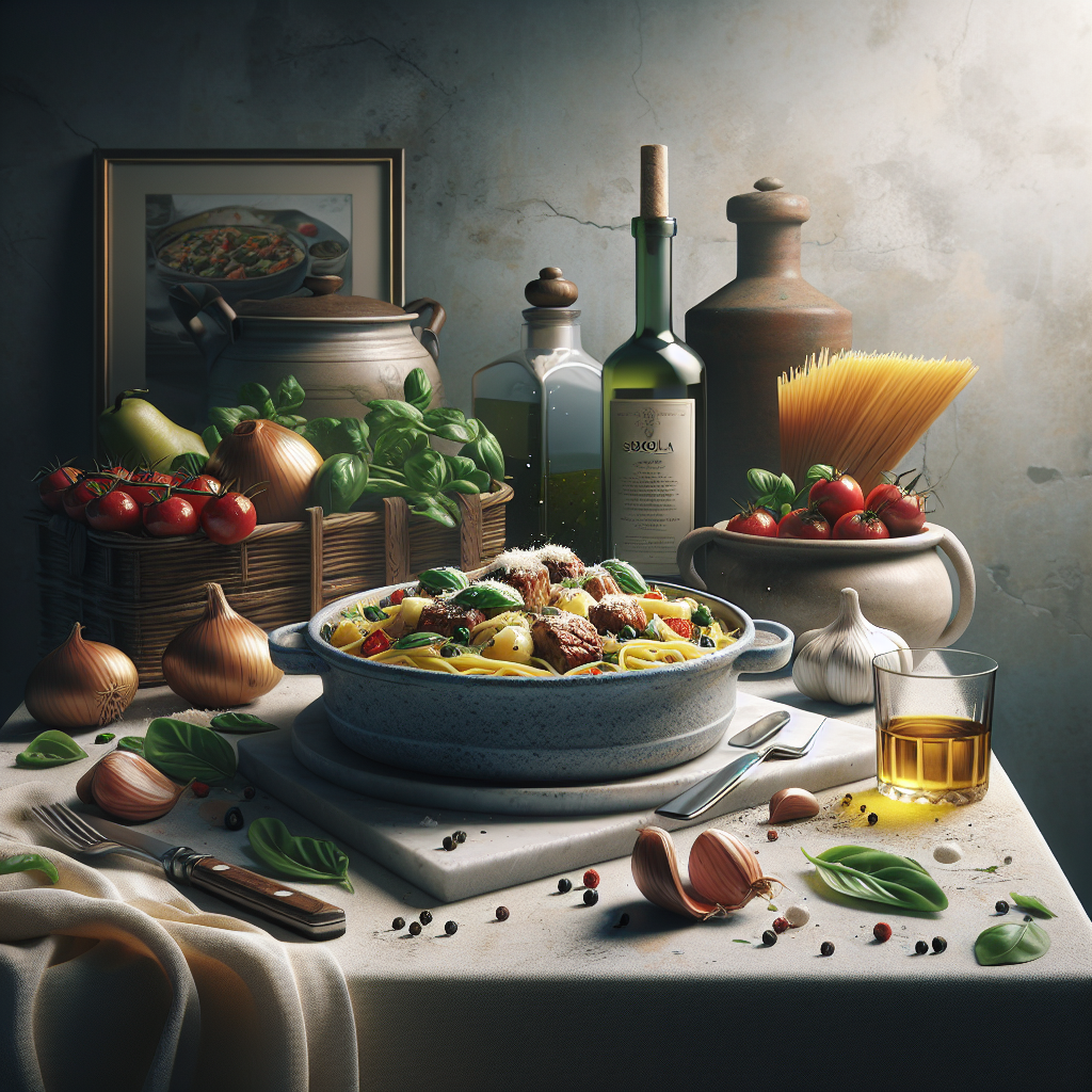 A bowl of Sogliola pasta surrounded by various ingredients including tomatoes, garlic, and olive oil.