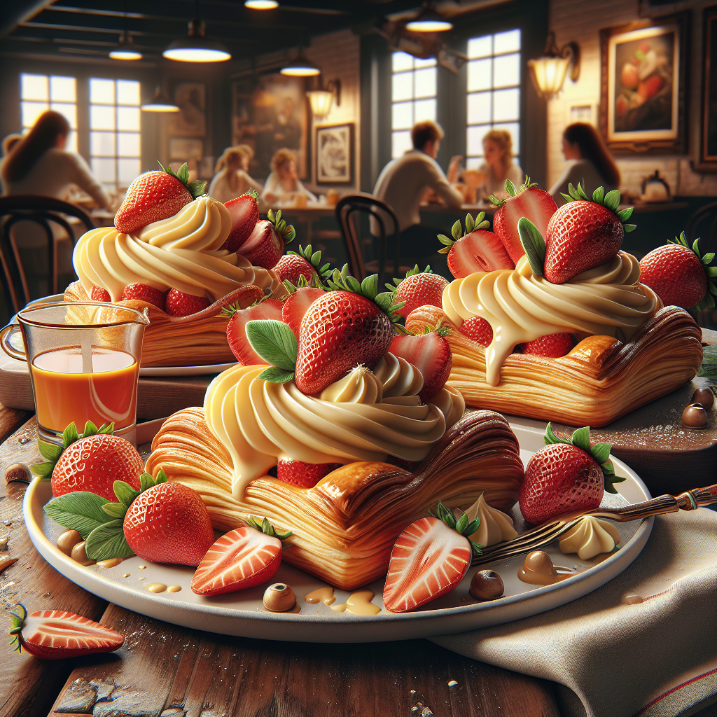 Three strawberry puff pastries topped with cream and fresh strawberries on a plate.