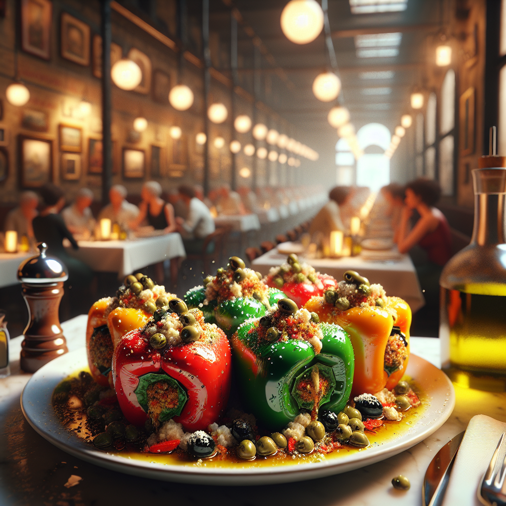 A plate of stuffed peppers filled with vegetables and herbs, garnished with olives and spices.
