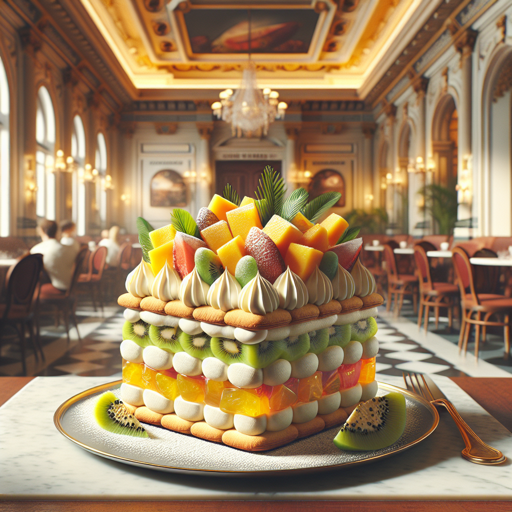 Layered tropical millefoglie dessert topped with fruits and cream, presented on a plate in an elegant dining setting.