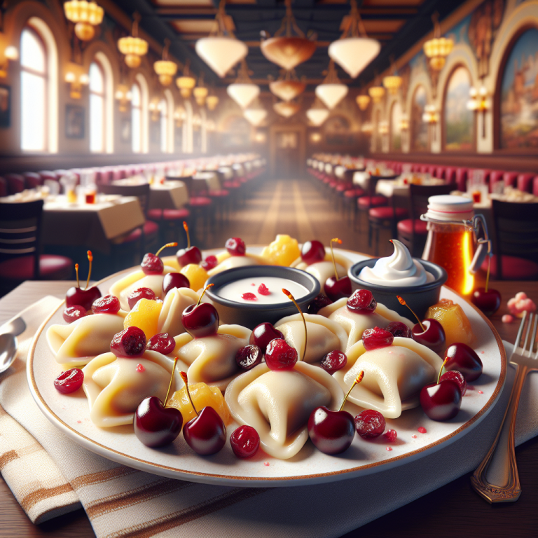 Plate of vareniki filled with cherries and topped with cream in a restaurant setting.