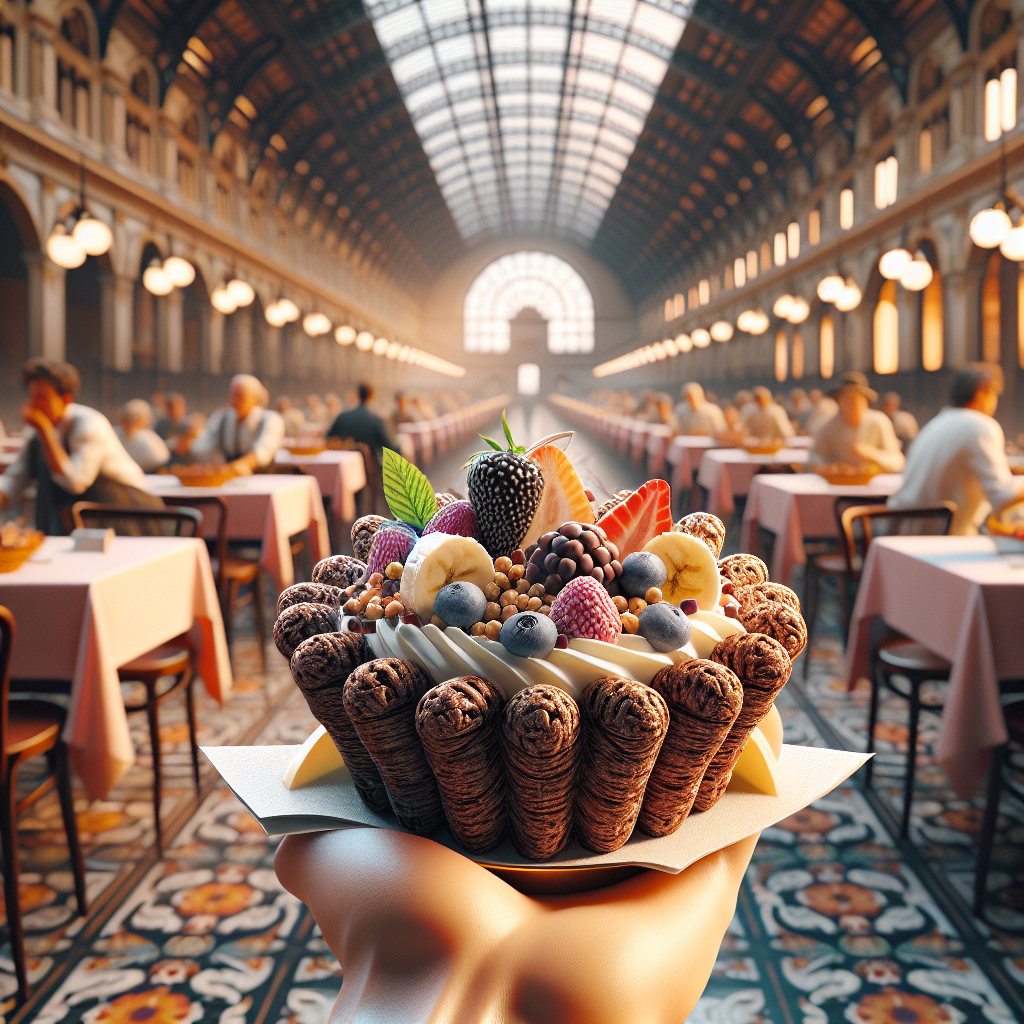 A hand holding a dessert made of puffed rice, topped with various fruits including berries and banana slices.