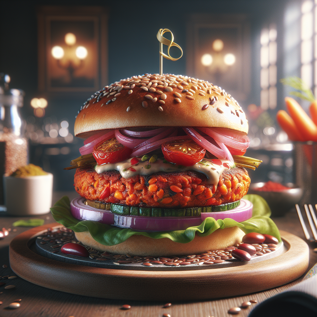 Vegan red bean burger topped with vegetables and served on a sesame seed bun.