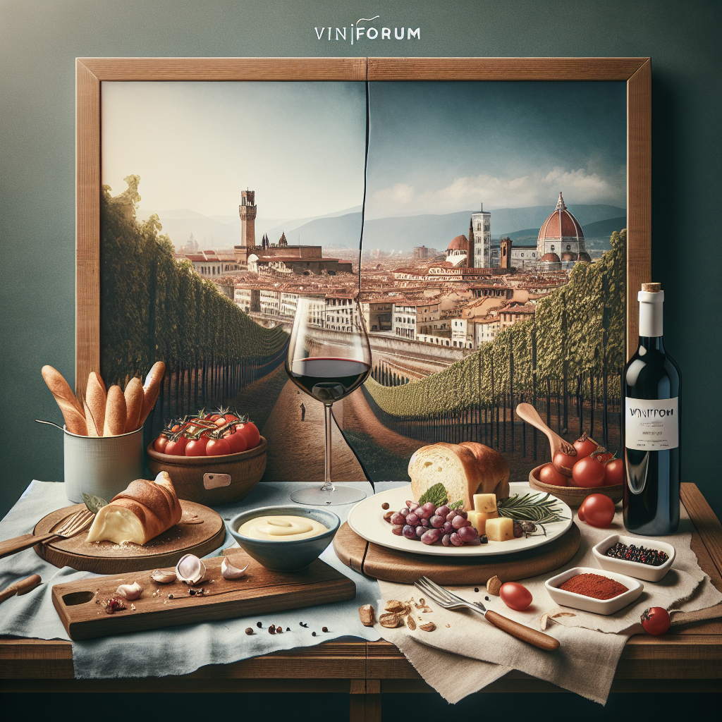A wooden table set with various Italian food items including bread, cheese, and wine against a scenic backdrop.