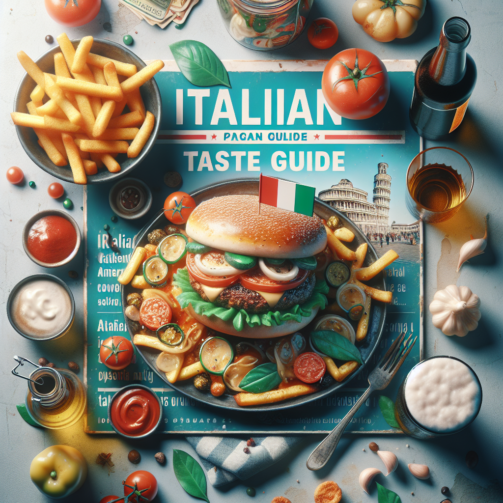 A burger topped with vegetables and cheese, served with fries and various sauces on a colorful Italian-themed placemat.