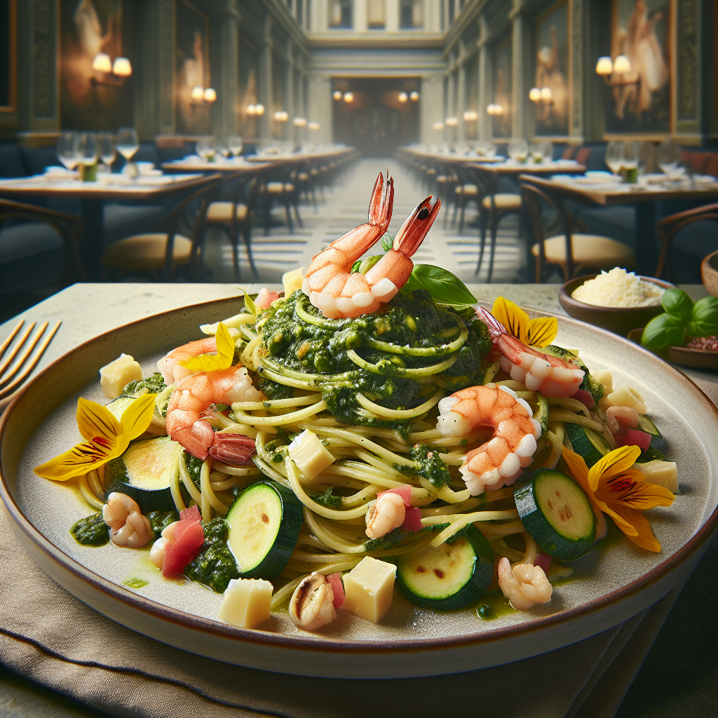 Plate of zucchini and squash blossom pesto pasta topped with shrimp and garnished with flowers.