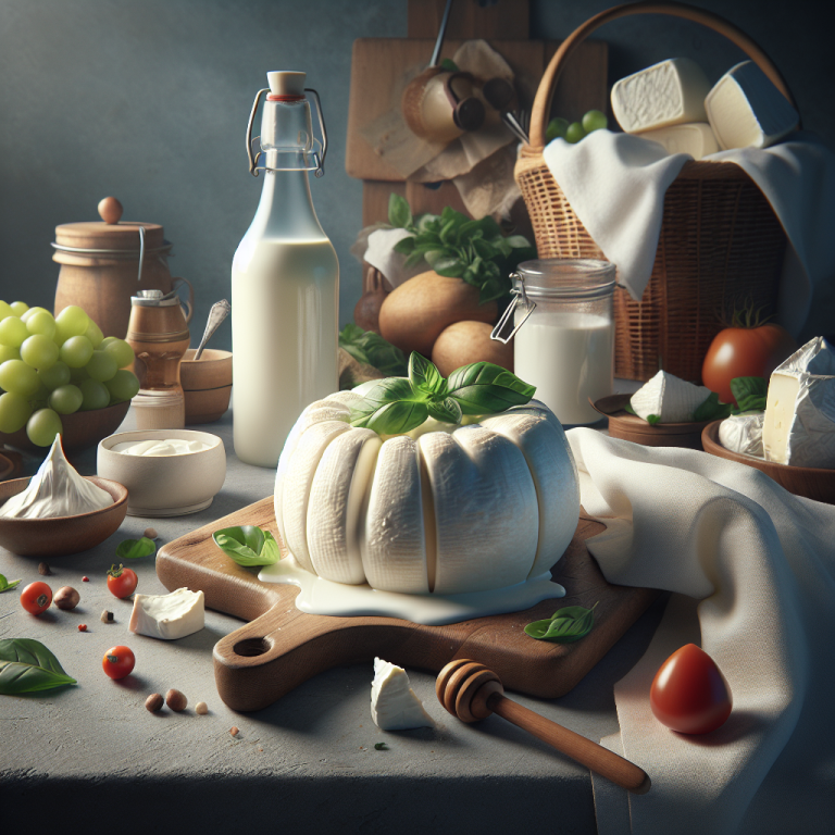 Burrata cheese placed on a wooden cutting board with fresh ingredients and dairy products around it.