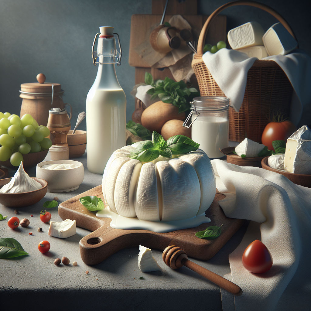 Burrata cheese placed on a wooden cutting board with fresh ingredients and dairy products around it.