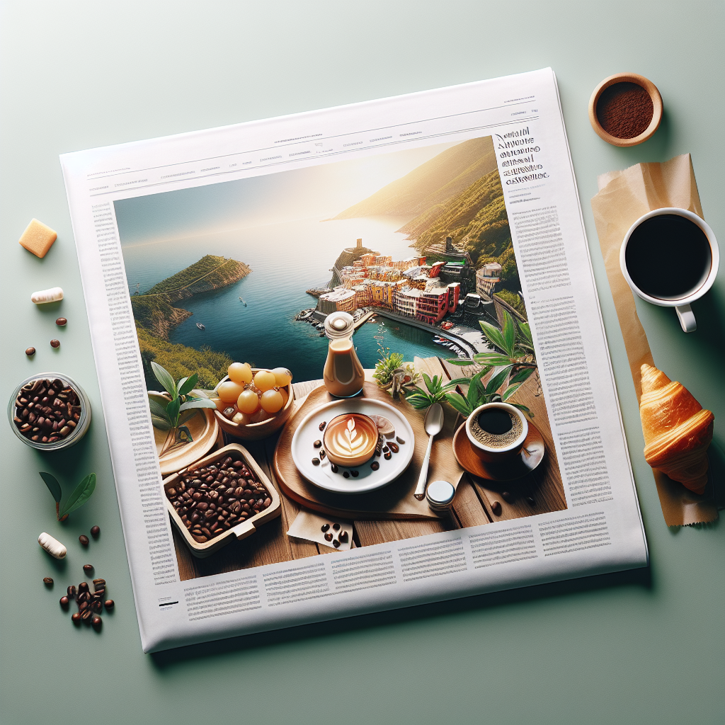 A coffee cup, pastries, and coffee beans arranged on a table with a scenic coastal view in the background.